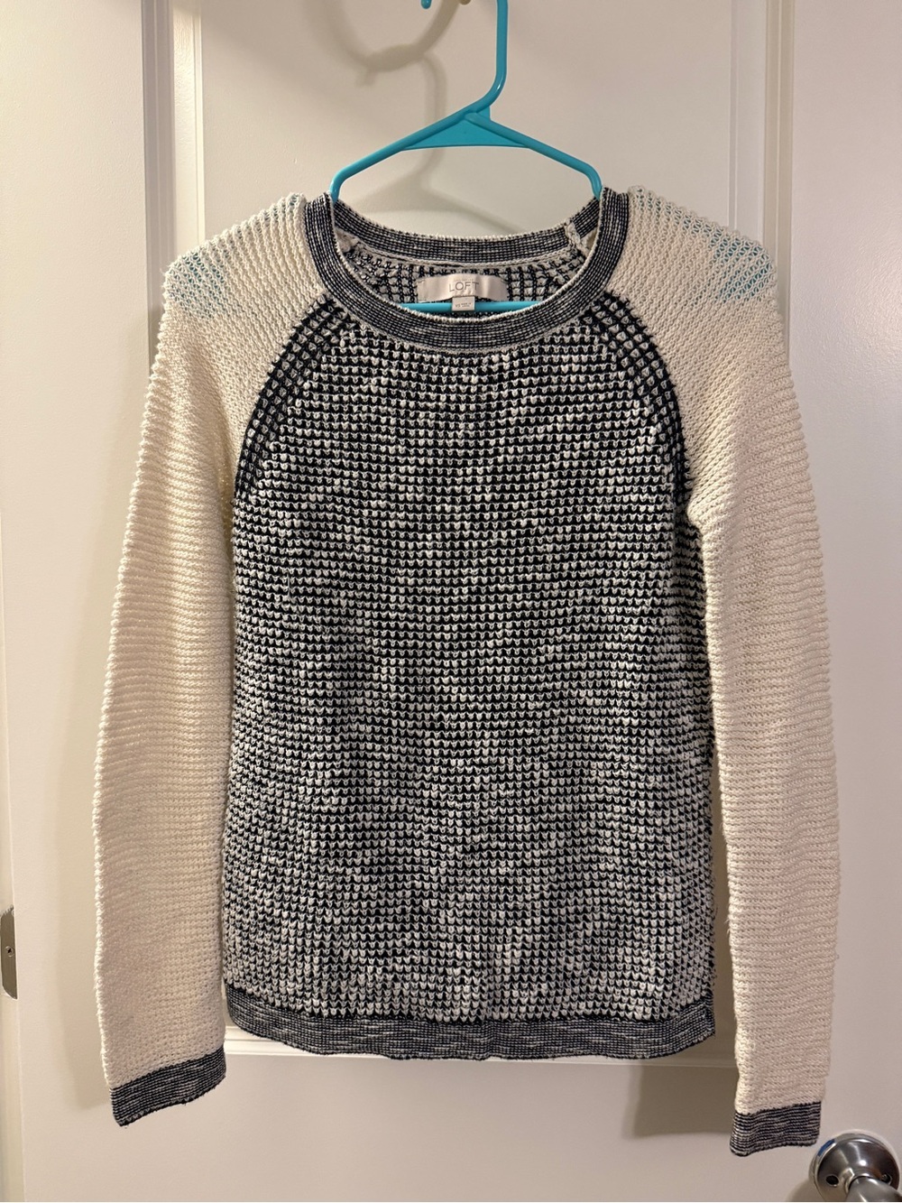 LOFT Black-and-Cream Knit Raglan Crewneck Sweater